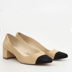 ZARA Classy Suede Beige Cream & Black Tip Block Heel 🖤✨& Premium Sole Protector